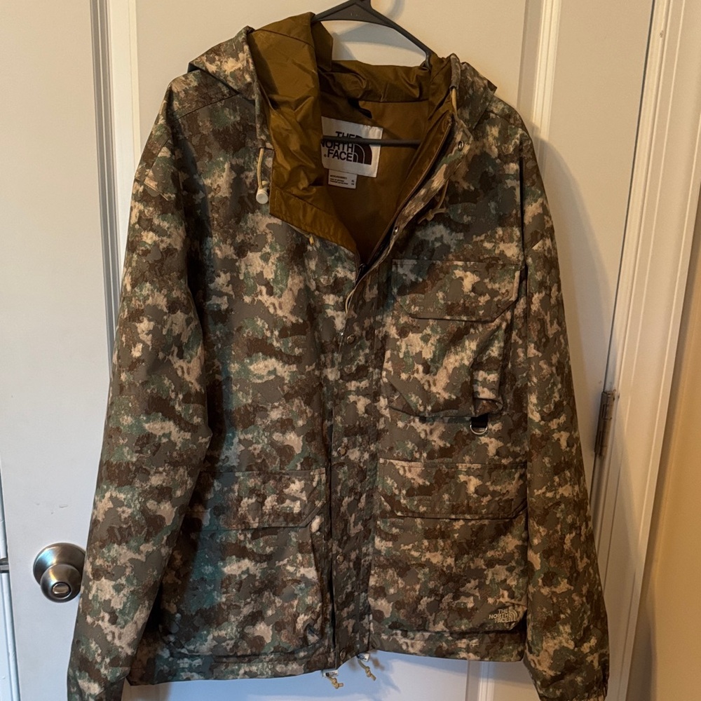 The North Face Green and Brown Camouflage Rain Jacket